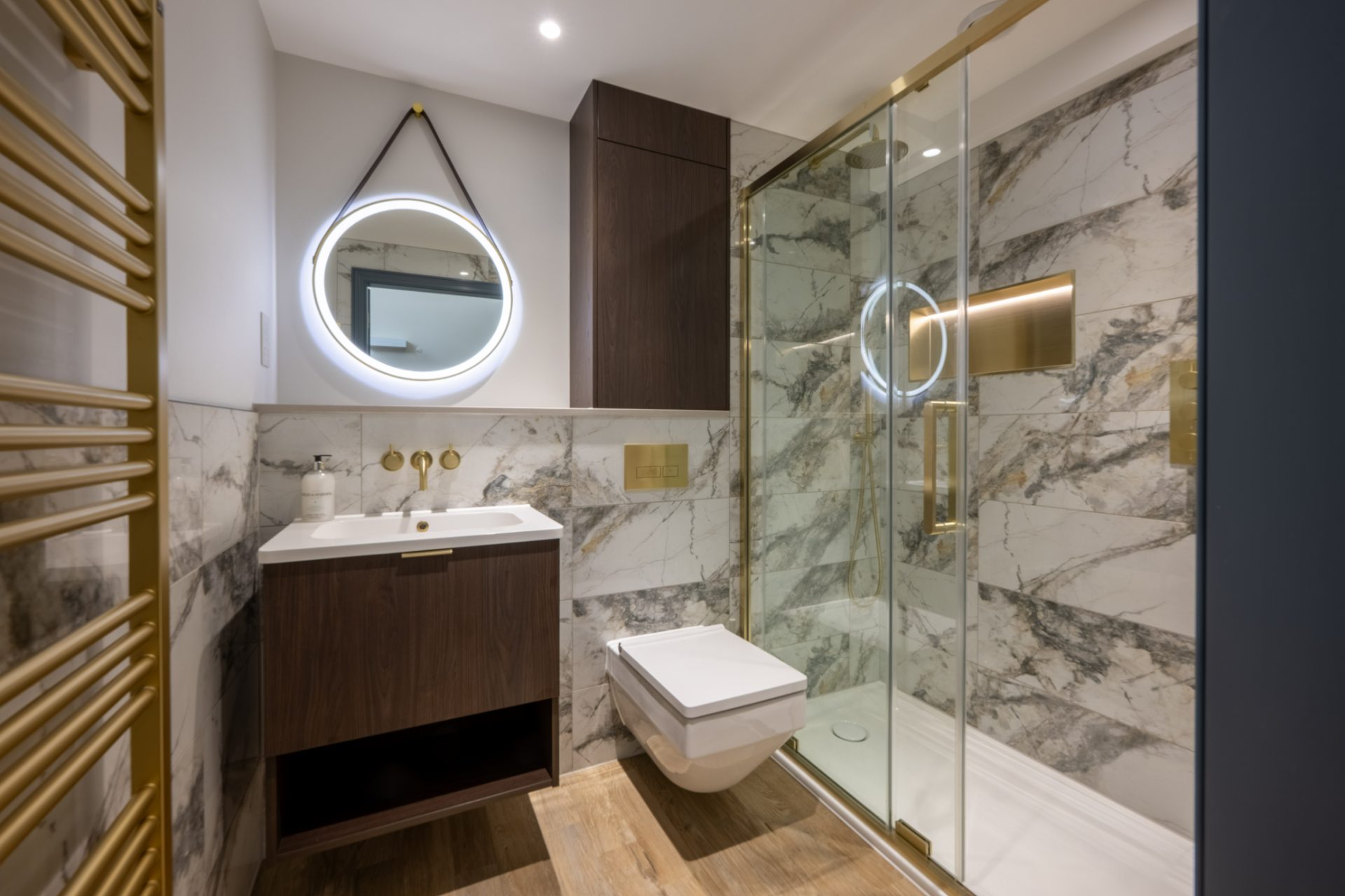 The Bield marble wetroom with walk-in shower
